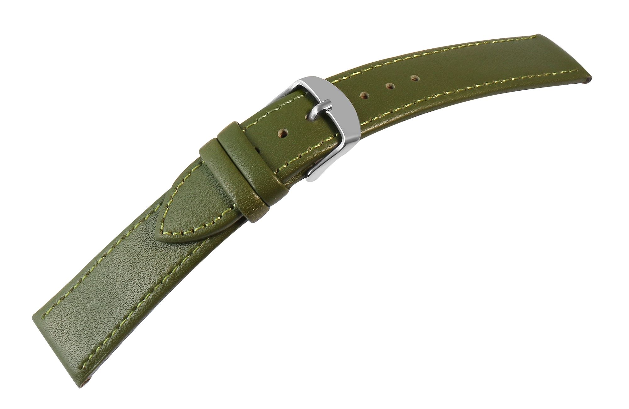 Horlogebandje van echt leer, gestikt, donkergroen, 18 mm