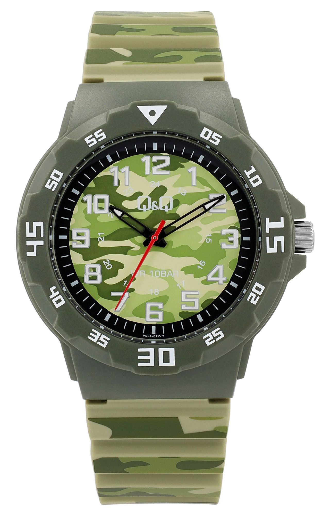 Q&Q Herrenuhr mit Kunstsoffarmband, 10 ATM, Ø 42 mm, Camouflage grün