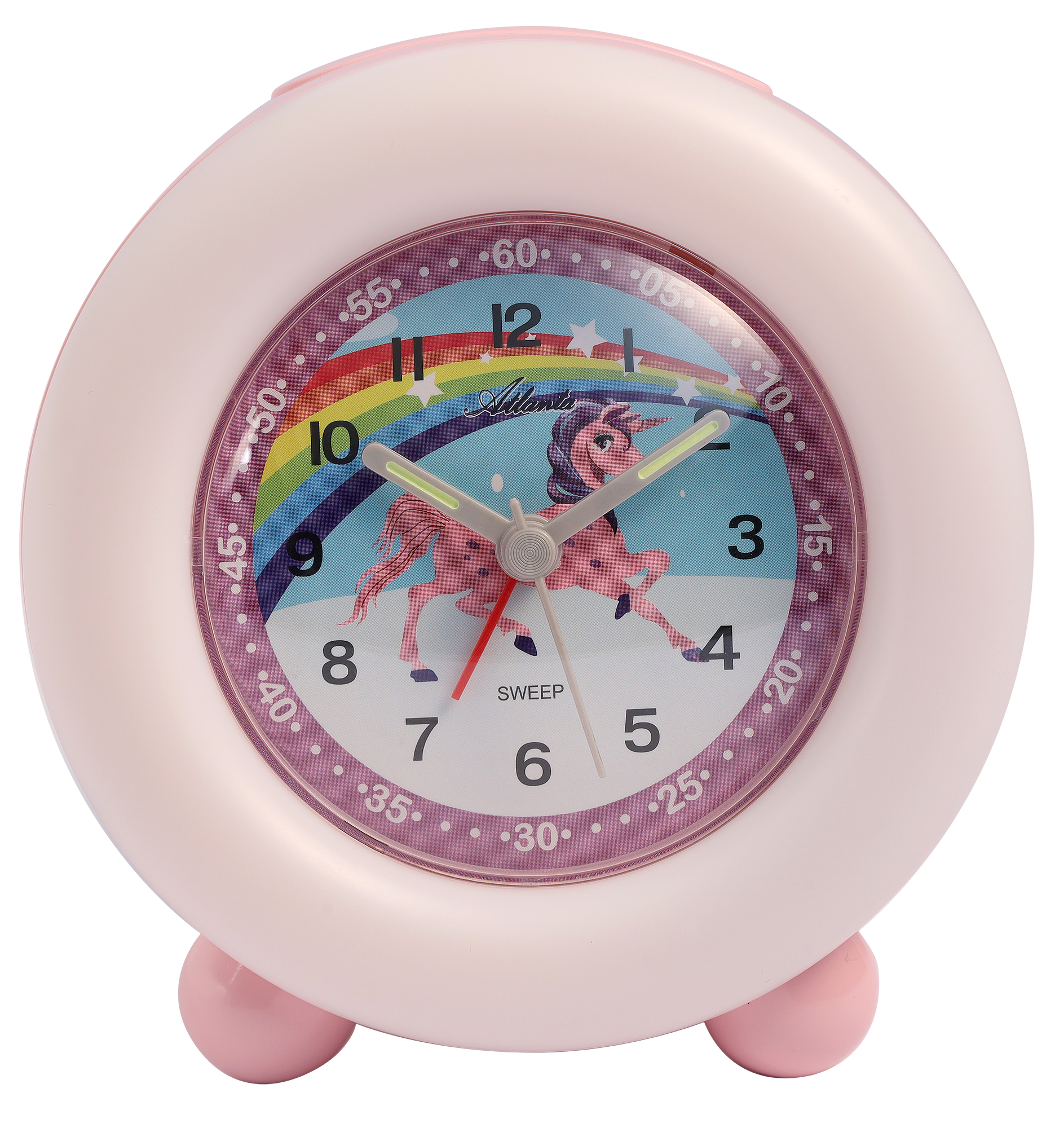 Atlanta Quarz-Wecker für Kinder (Leisegang/ Licht/ Snooze), rosa/ Regenbogen-Einhorn
