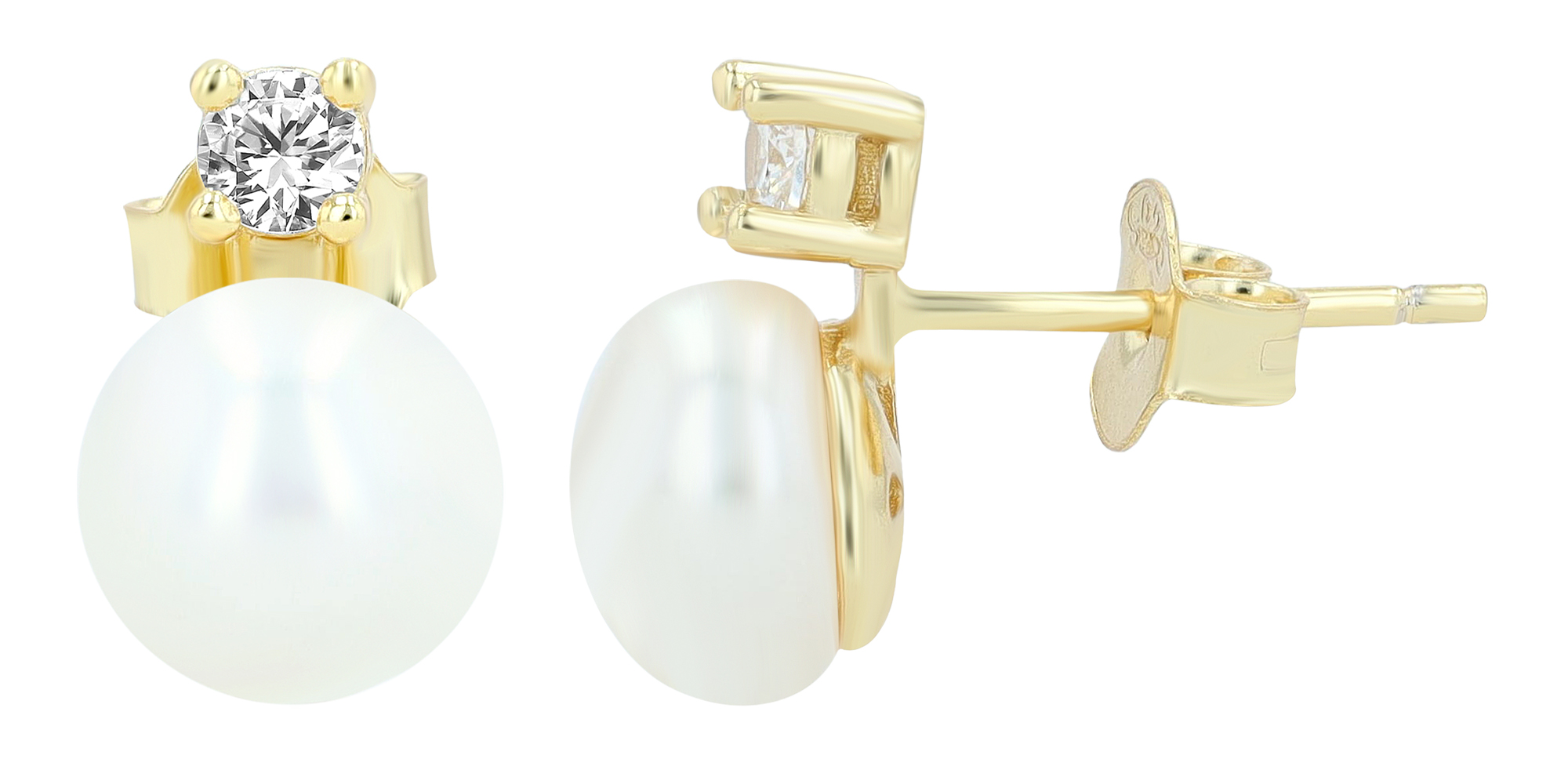 "Almi" 925/- echt zilveren oorbellen, echte zoetwaterparel Ø 8 mm/ zirkonia, verguld