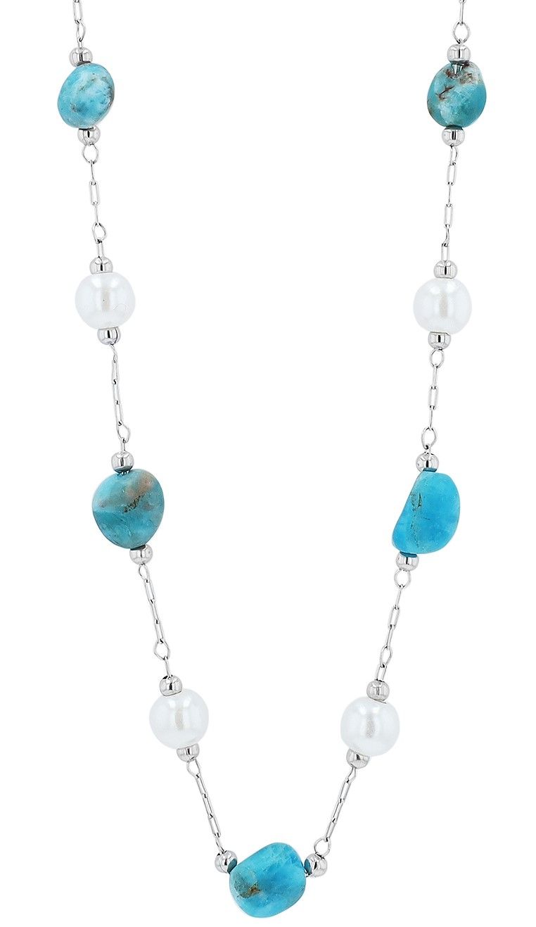 Accent stainless steel ketting "Derya" met zoetwaterparels en blauwe natuurstenen