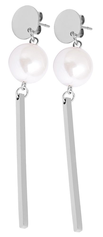 Accent oorbellen van roestvrij staal, lang, parel, zilverkleurig, wit