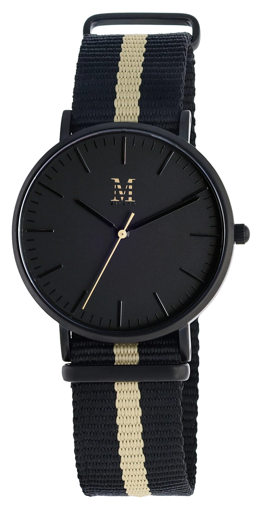 Moderno Milano Edelstahl Damenuhr 36,5 mm, Saphirglas & Nylon-NATO-Band (Schwarz-Beige), schwarz
