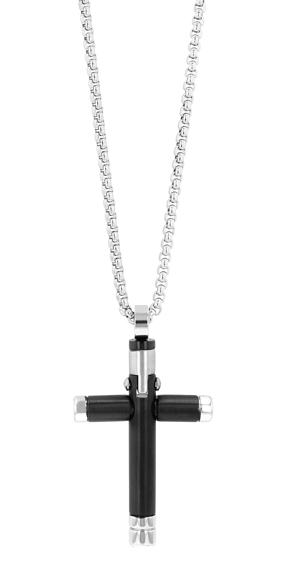 "Theron", roestvrijstalen erwtenketting, kruis, geïoniseerd, tweekleurig zilver/zwart