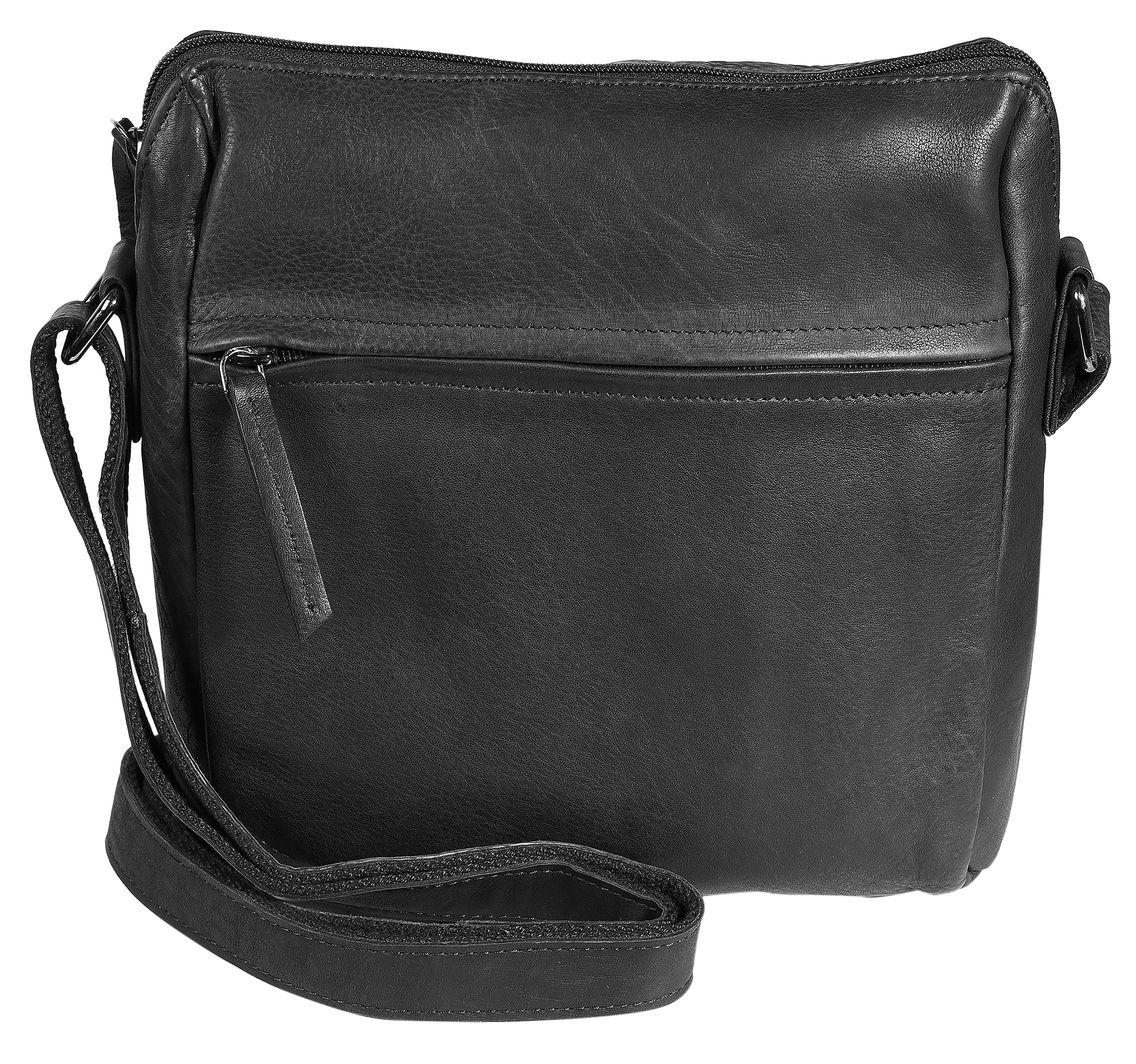 Leonardo Verrelli, echt lederen schoudertas, gewassen, verstelbare riem, ritssluiting, zwart