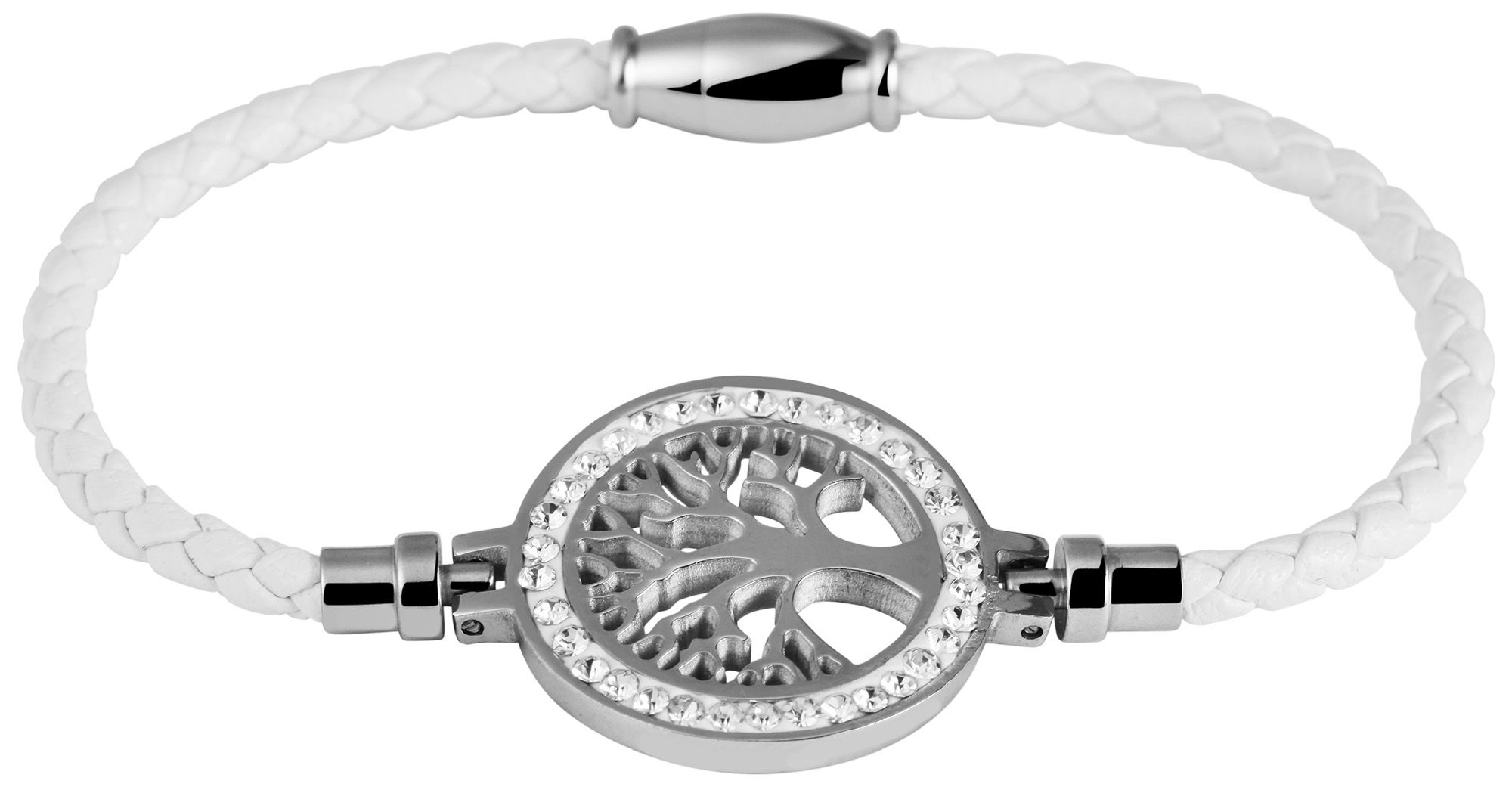 Accentarmband van imitatieleer, gevlochten met roestvrij stalen element levensboom, wit/zilverkleurig