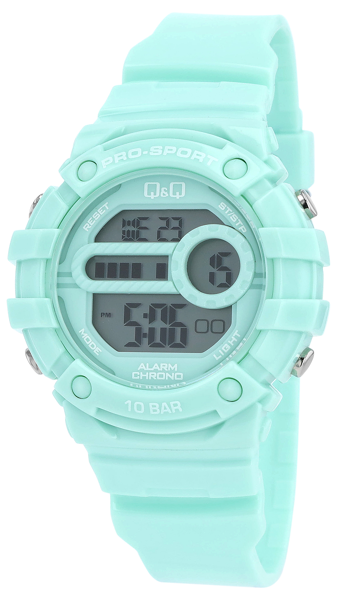 Q&amp;Q digitaal dameshorloge, kunststof kast, siliconen band, groen, 10 ATM, Ø 40,5 mm