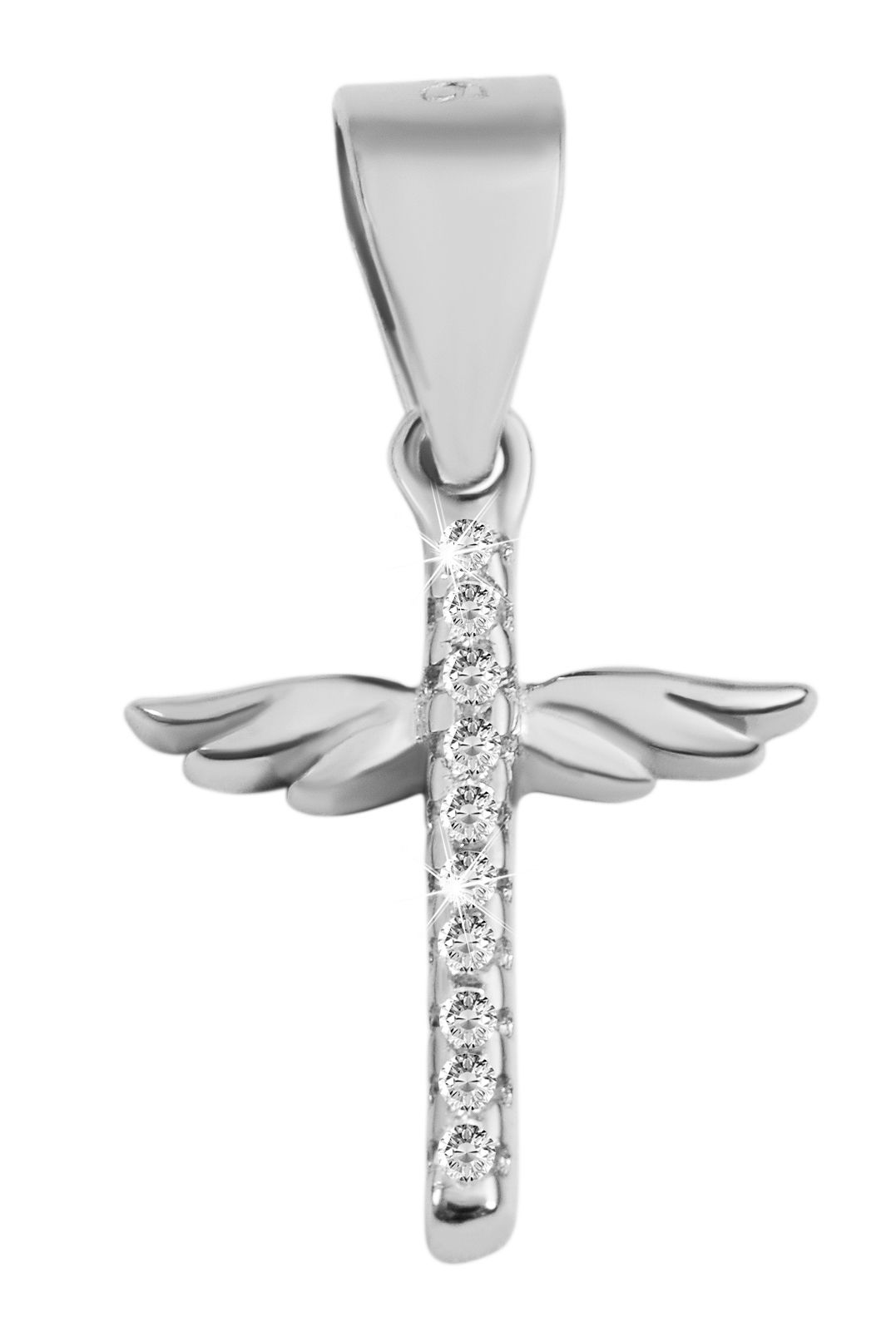 "Edith", 925/- Sterling zilveren hanger, kruis met vleugels, zirkonia zetting, gerhodineerd