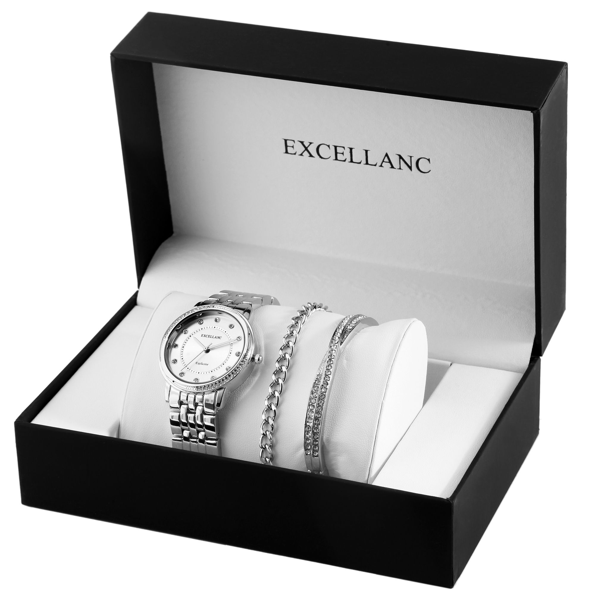 Excellanc dames geschenkset met polshorloge, armband en armband, zilverkleurig