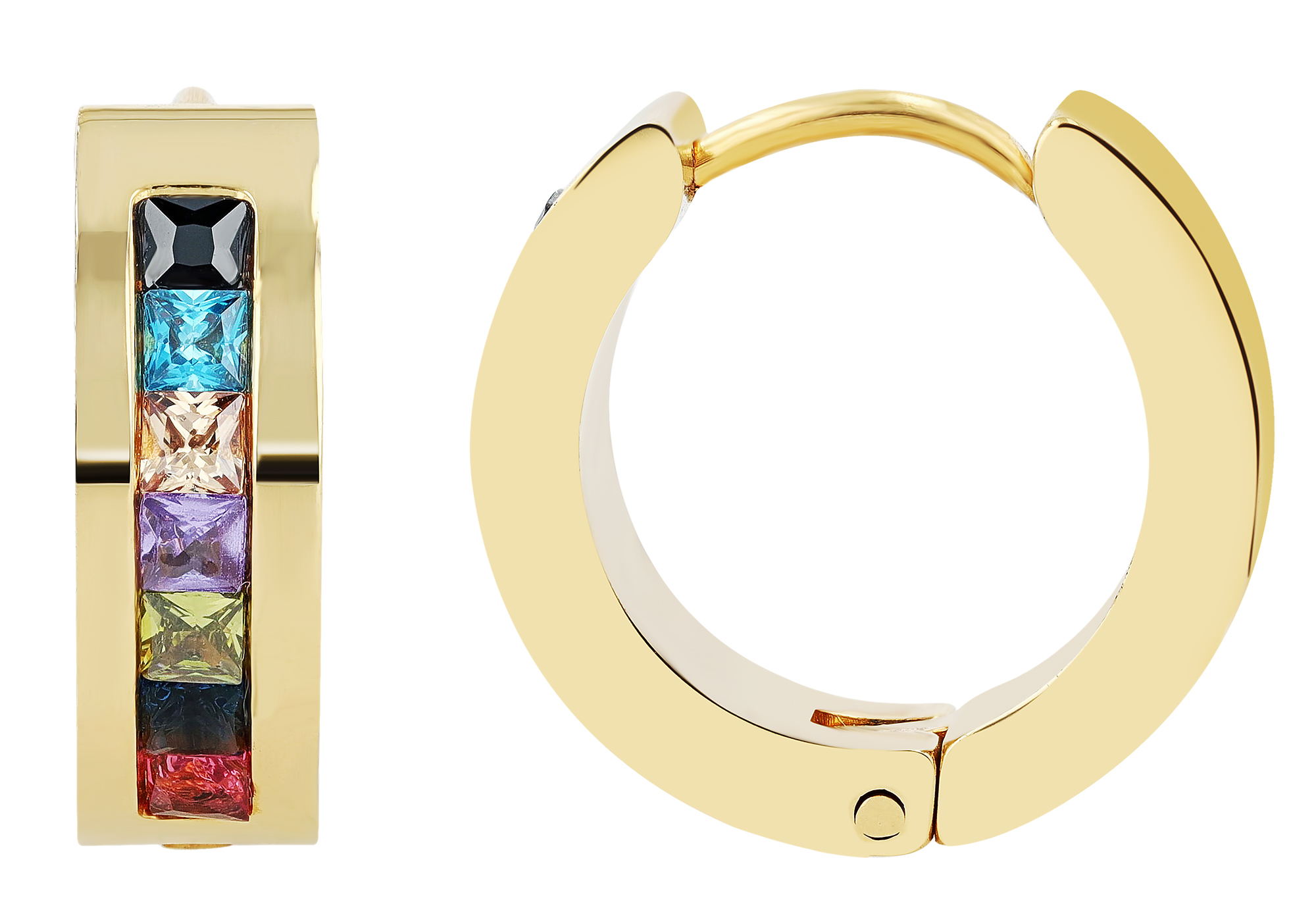 "Rosalyn" Edelstahl Klappcreole Ø 12 mm, bunte Similisteine, goldfarben