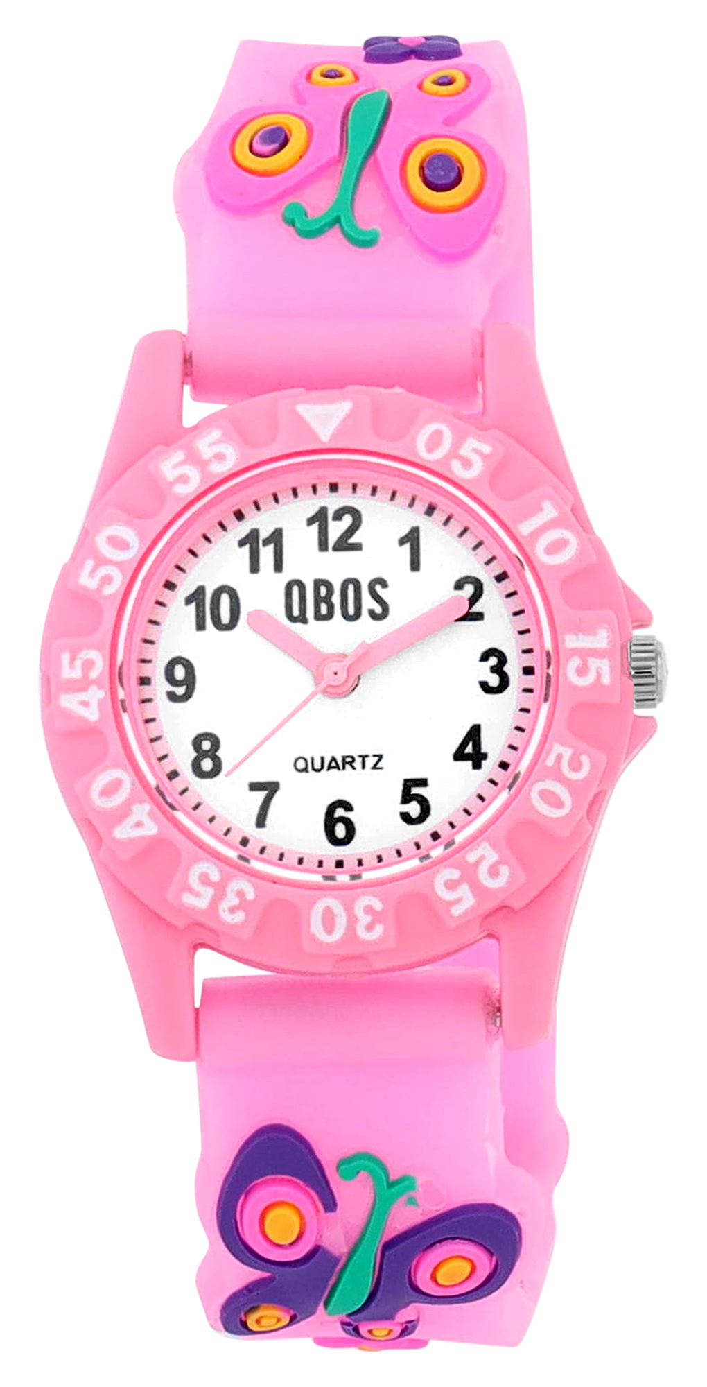 Qbos kinderhorloge met siliconen band, kleurrijk, vlindermotief, Ø 28 mm, lichtroze