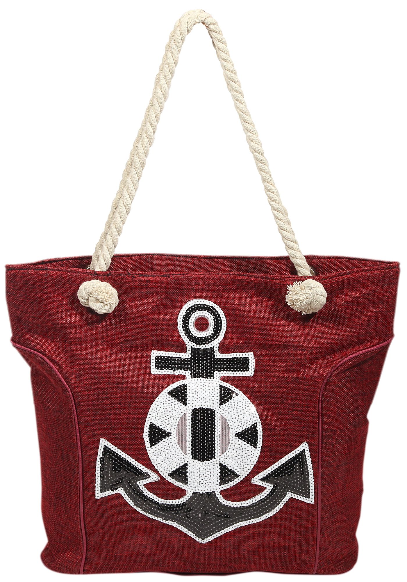 Strandtasche aus Nylon, Ankermotiv aus Pailletten, rot