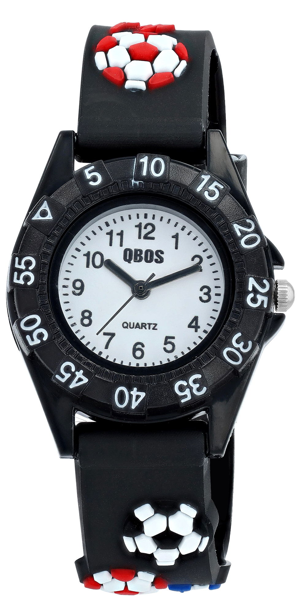 Qbos Kinderuhr mit Silikonband, Motiv Fußball, Ø 28 mm, schwarz