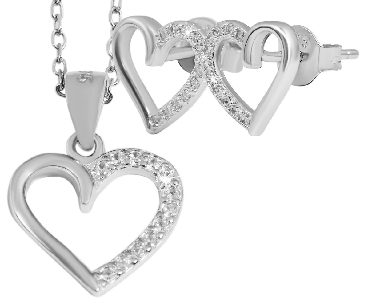 925/- echt zilveren sieradenset "Heleen" met oorstekers en hanger, hartjes, zirkonia, 925/gerhodineerd