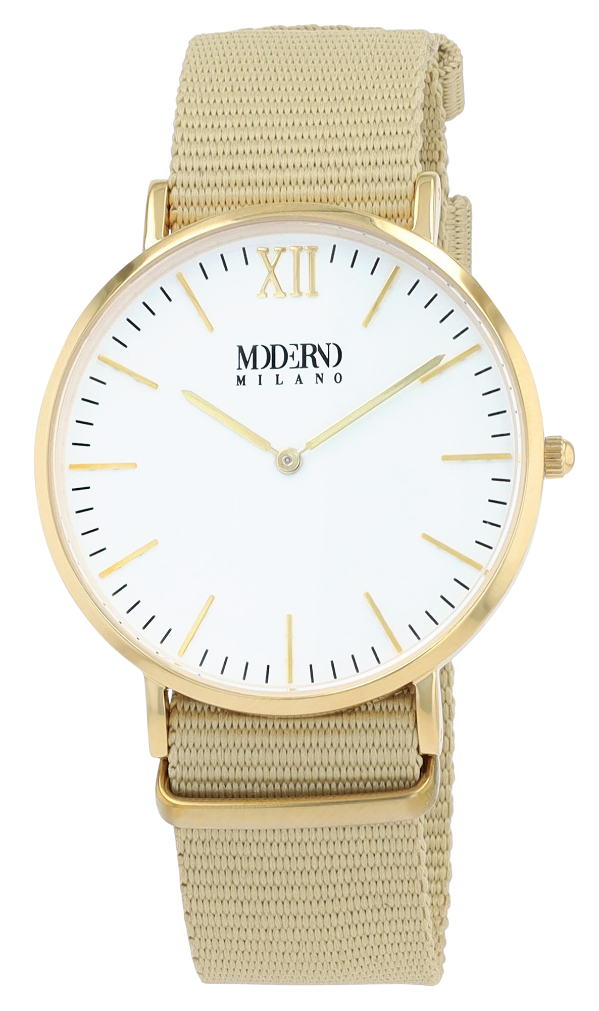 Moderno Milano Edelstahl Herrenuhr 41 mm, Saphirglas & Nylon-NATO-Band (beige), goldfarben