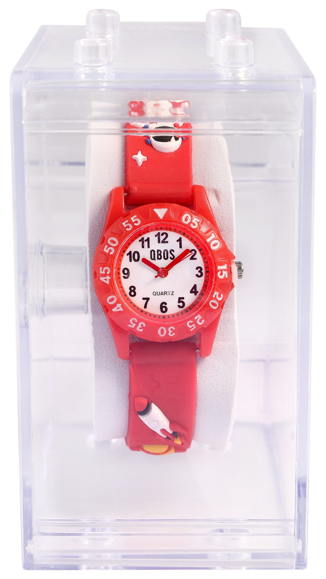 QBOS Kinderuhr mit Silikonband, Weltall, rot, Ø 28 mm inkl. Box