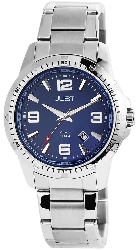 Just herenhorloge met roestvrijstalen armband, datumweergave, 10 bar, zilverkleurige/blauwe wijzerplaat