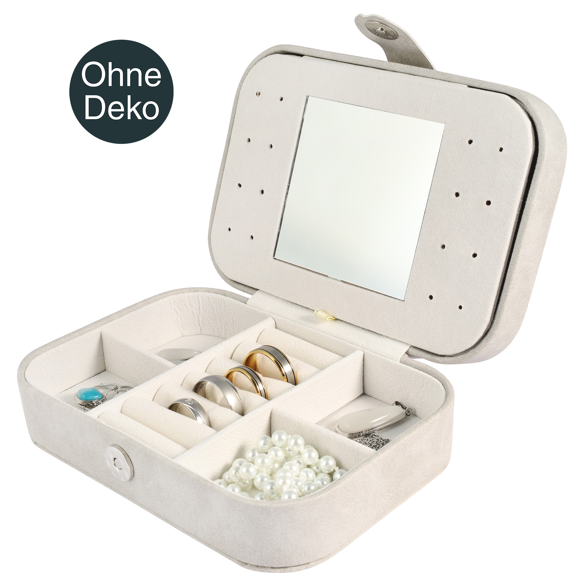 Aufbewahrungsbox für Schmuck, Lederimitat, mit Spiegel, grau