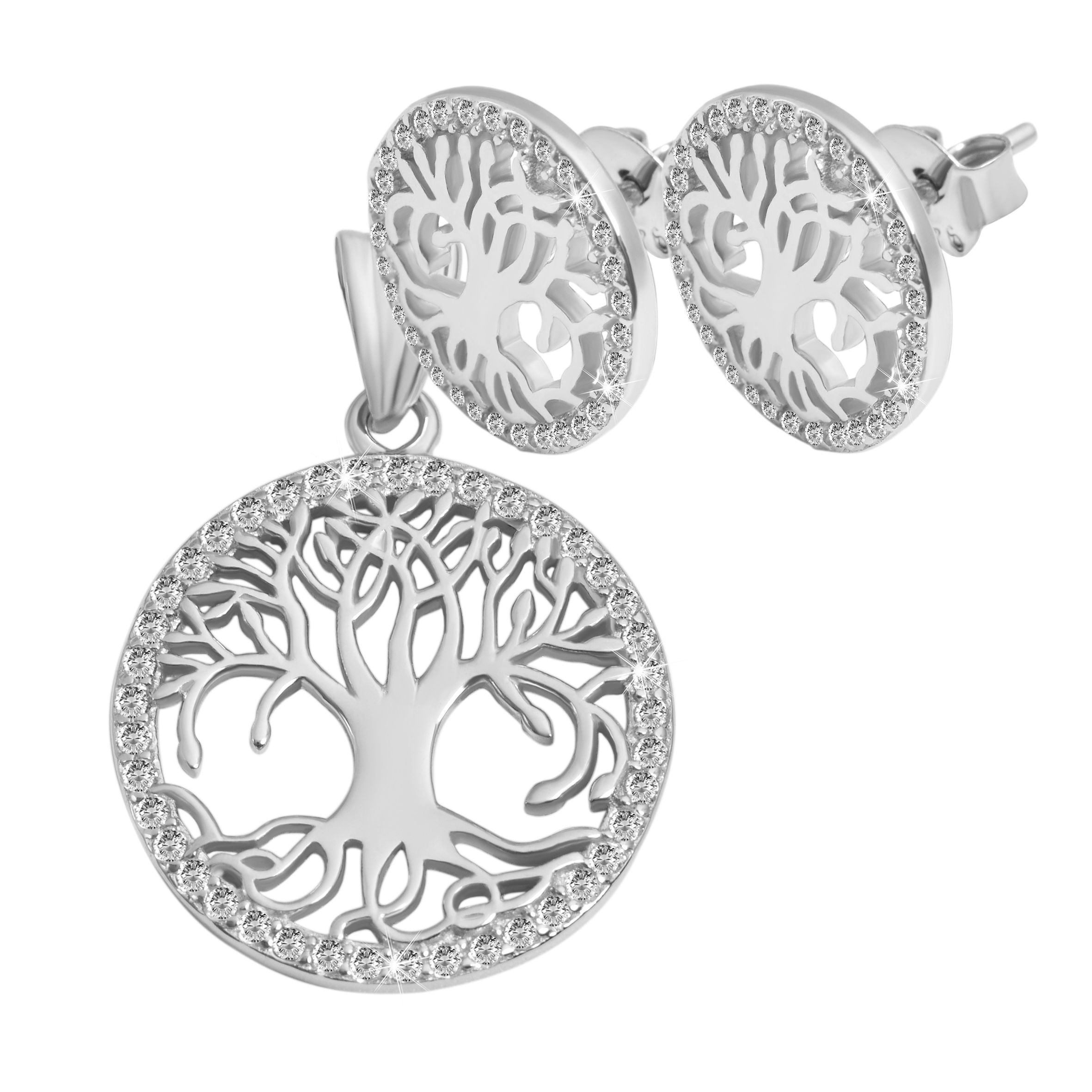 "Majara" 925/- echt zilveren sieradenset (oorbellen &amp; hanger) levensboom, zirkonia, gerhodineerd