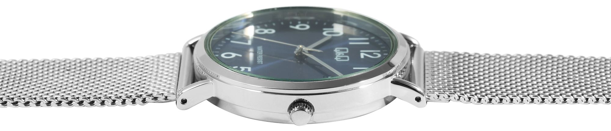 Q&amp;Q unisex horloge met Milanese armband, 3 bar, zilverkleurige/blauwe wijzerplaat