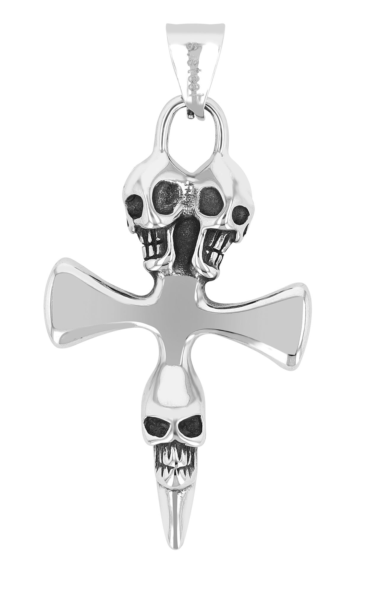 Accent kruis hanger met schedels van roestvrij staal, zilverkleurig