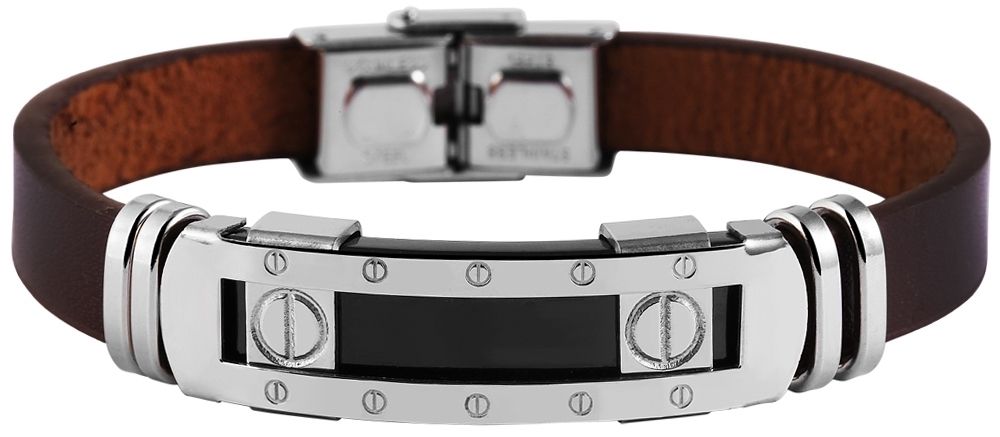 "Akun", Echlederarmband mit Gravurplatte, 22 cm, braun/silberfarben/ schwarz