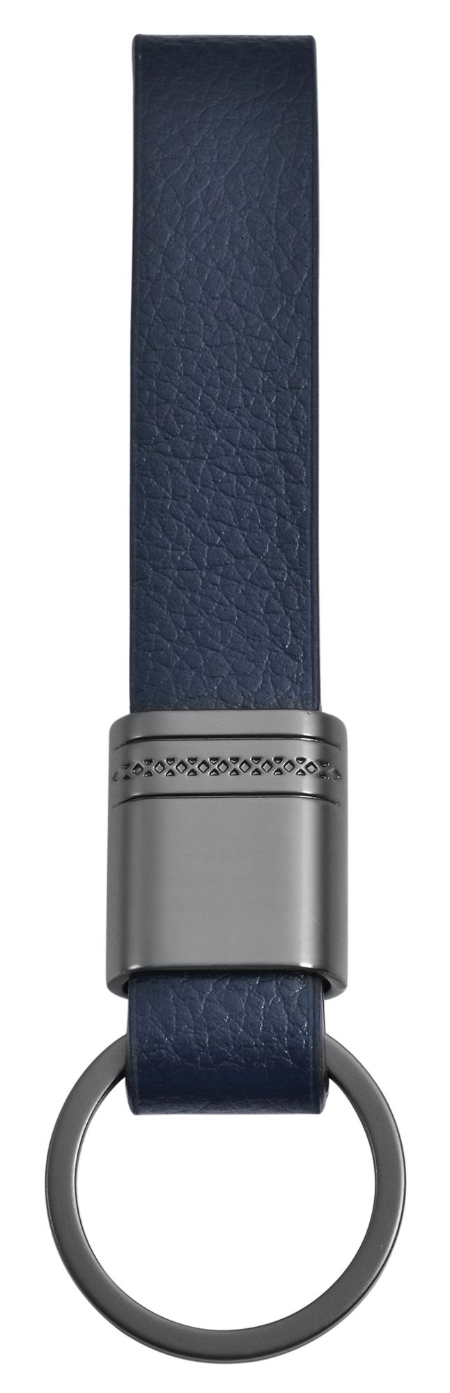 Accentsleutelhanger van roestvrij staal en echt leer in donkerblauw