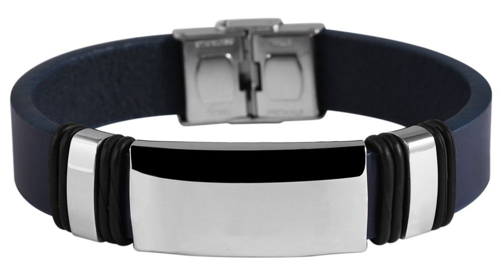 "Arto" Echlederarmband mit Gravurplatte, 21cm, dunkelblau/silberfarben