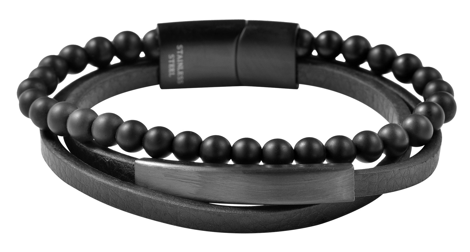 "Jaimy" Armband, Gravurplatte, Lederimitat/ Edelstahl/ Onyx, schwarz, 21 cm