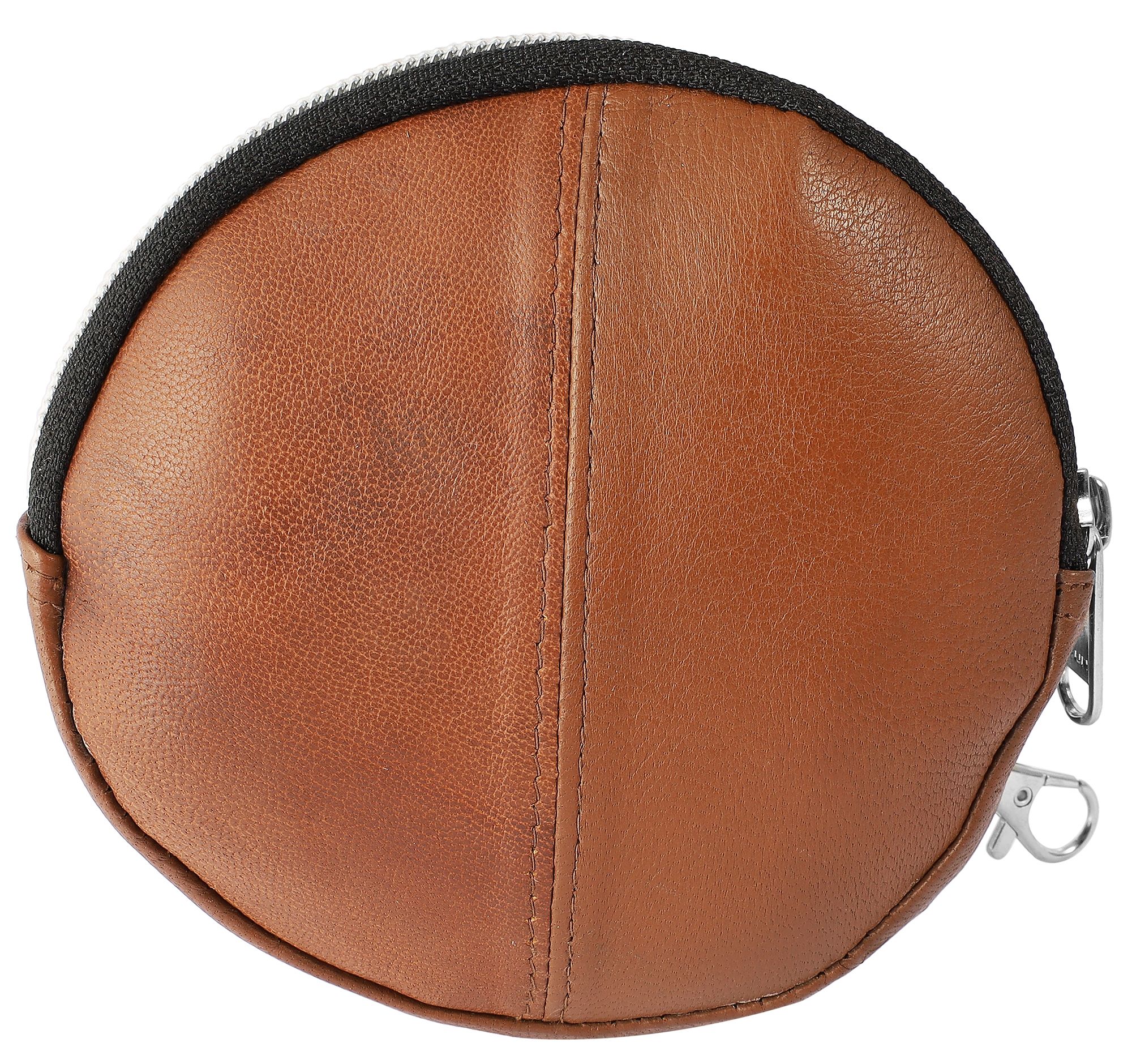 Mini portemonnee van echt leer, rond, cognac