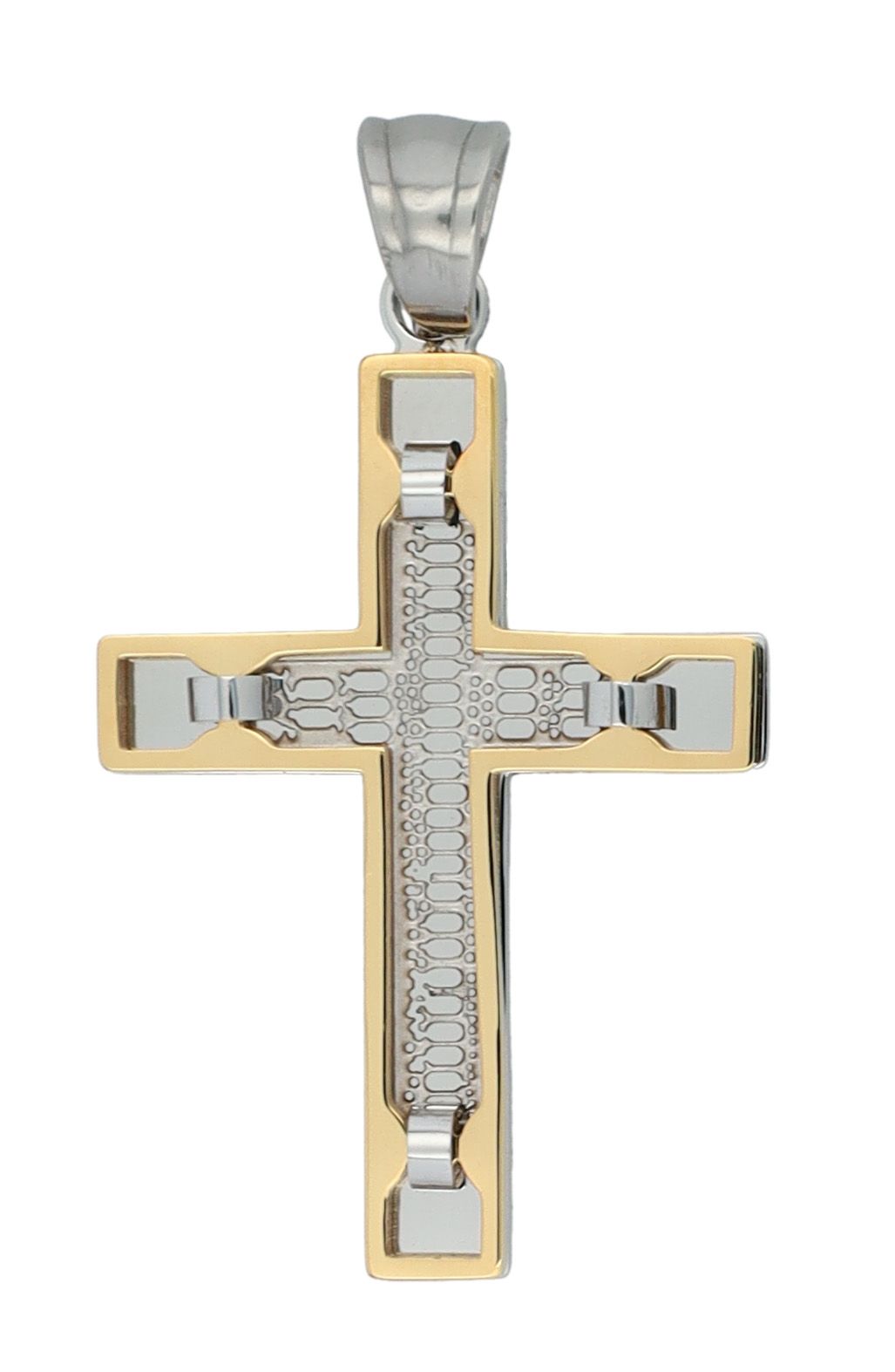 Accent kruis hanger "Marlow", roestvrij staal, modieus ontwerp, tweekleurig (zilver- en goudkleurig)