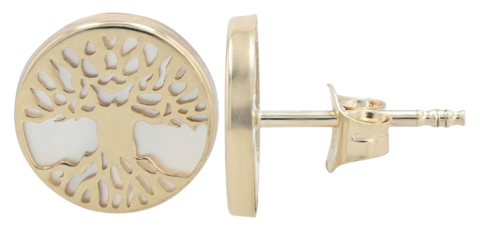 333/- Echt goud "Cypress" oorknopjes - plaatje Ø 8 mm/ Levensboom - geelgoud/ parelmoer, 8 karaat