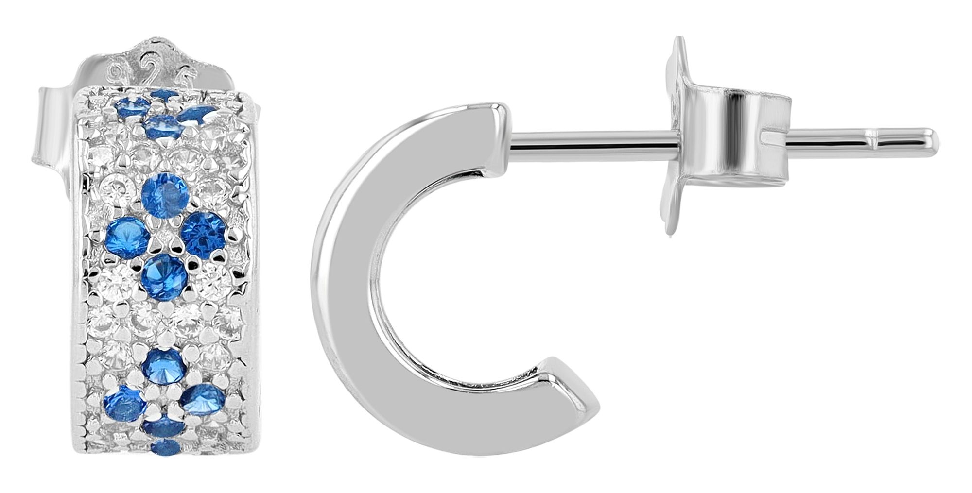 925/- Echt Silber Creole mit Steckverschluss,, Zirkonia blau, silberfarben rhodiniert