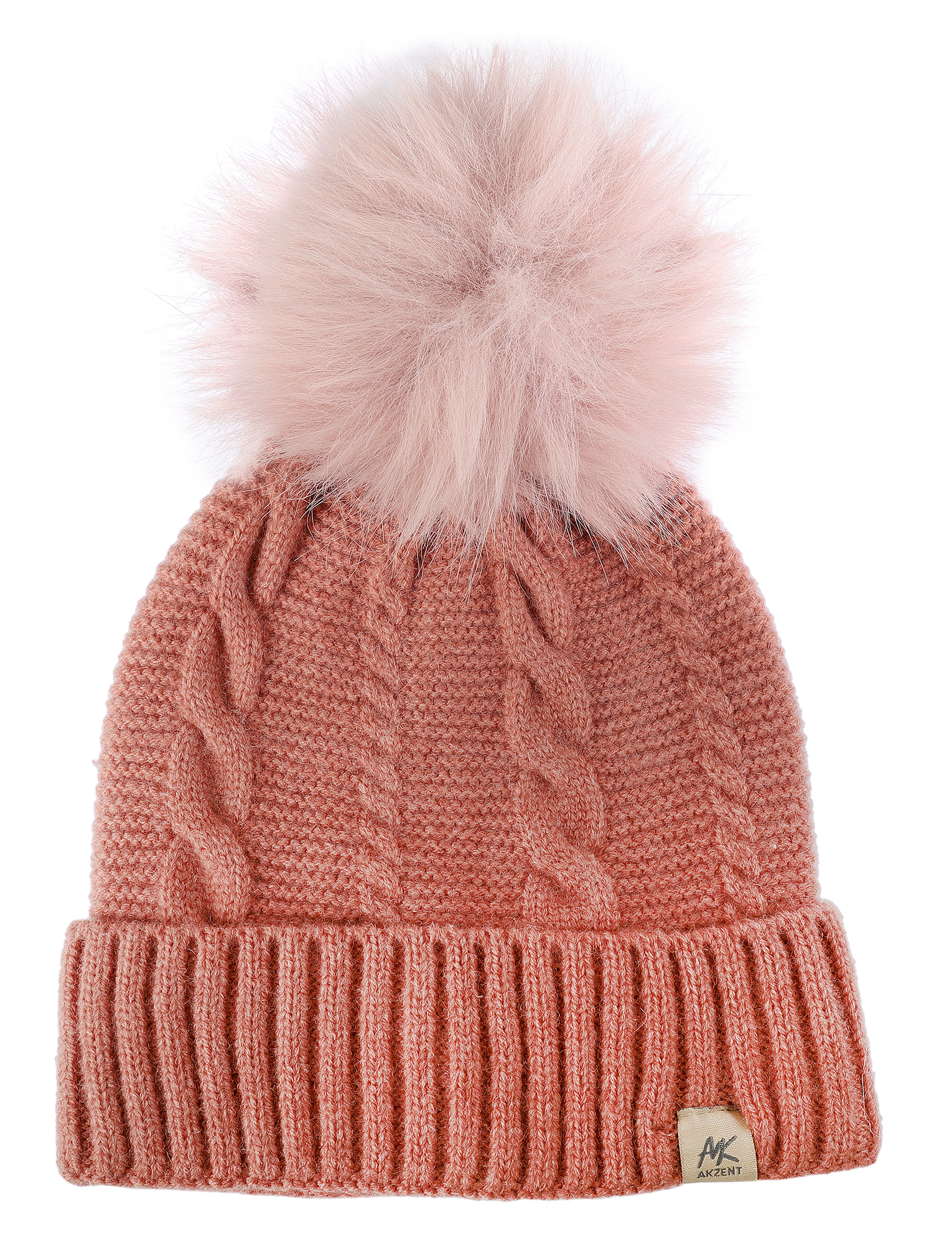 Akzent gebreide muts voor dames (met bobble van imitatiebont), VE-4, donkerroze