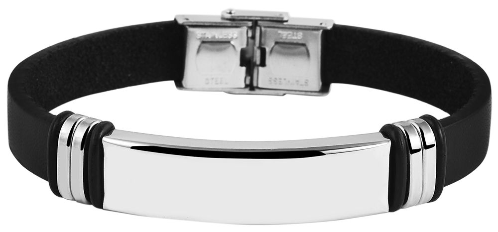 Akzent Echtlederarmband mit Edelstahlelement, Gravurplatte, schwarz/silberfarben
