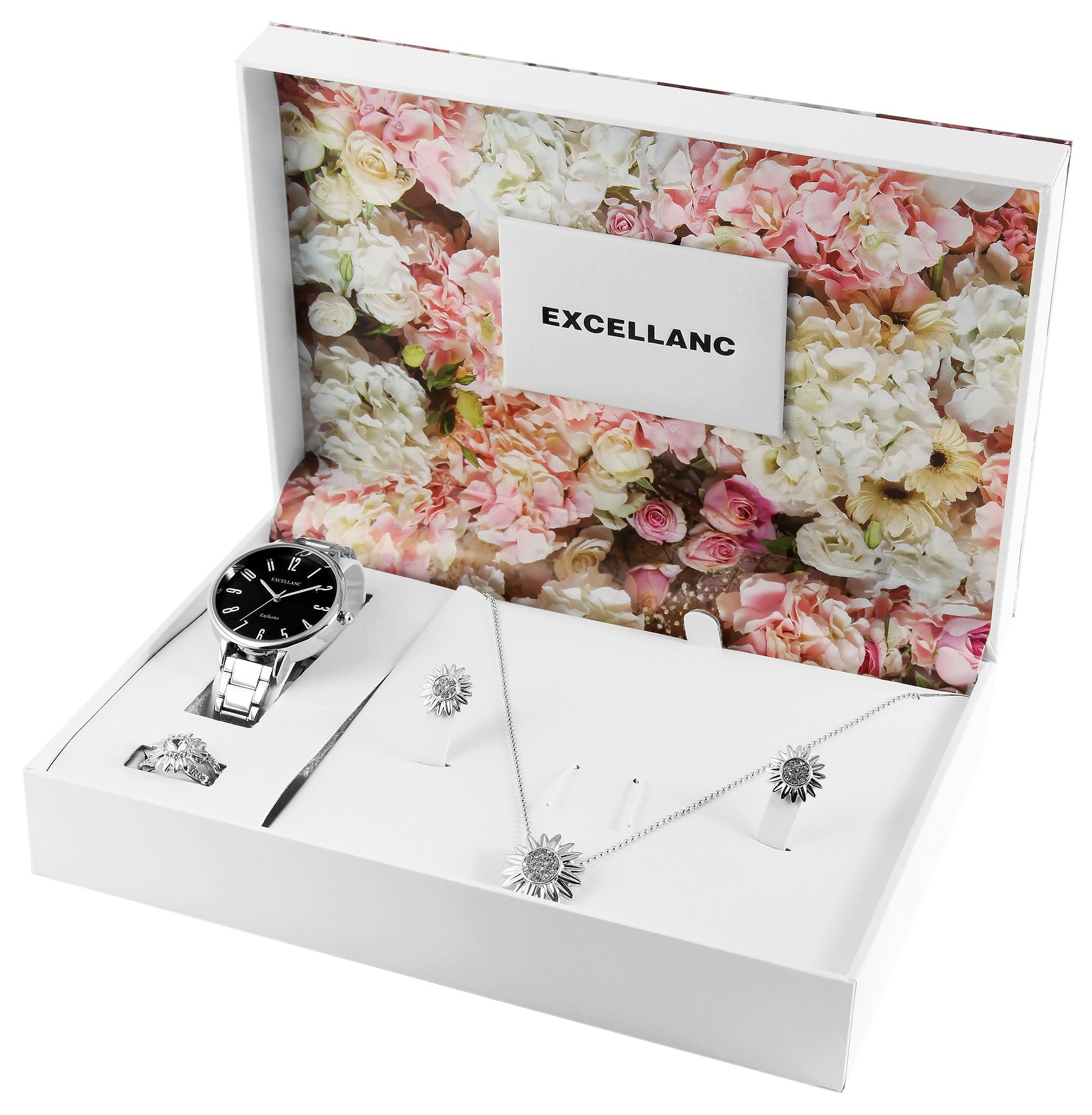 Excellanc Damen Geschenkset mit Uhr, Halskette, Fingerring und Ohrsteckern, silberfarben/schwarz