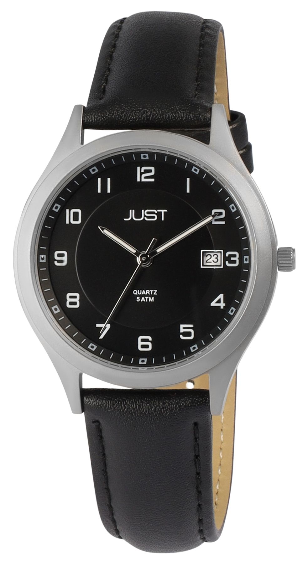 Just "Leon" Herrenuhr mit Echt Lederband, Titangehäuse, 5ATM, Schwarz