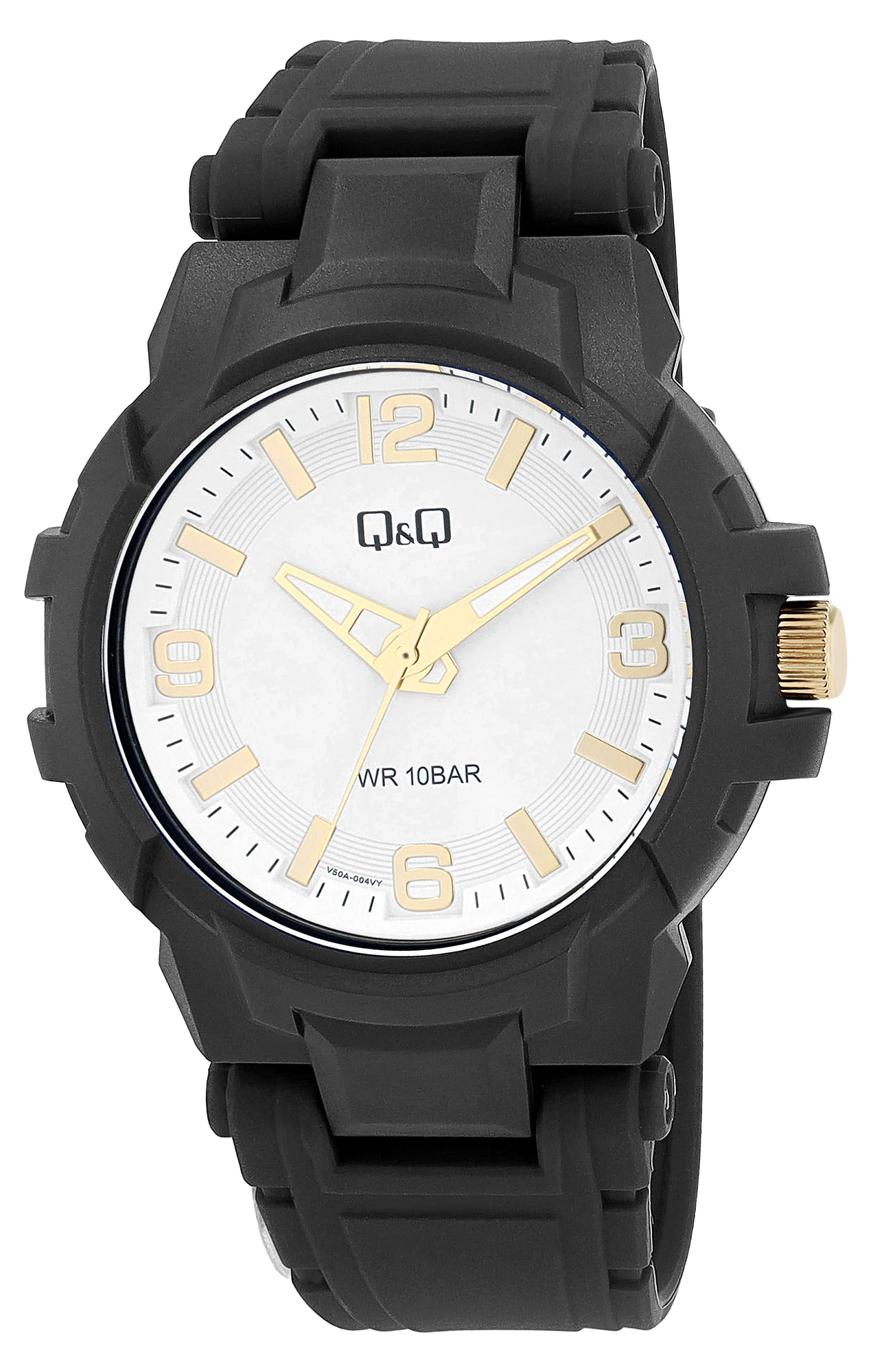 Q&Q Herrenuhr, Kunststoff, Silikonband, Ø 44 mm, schwarz/ weiß (goldfarben)