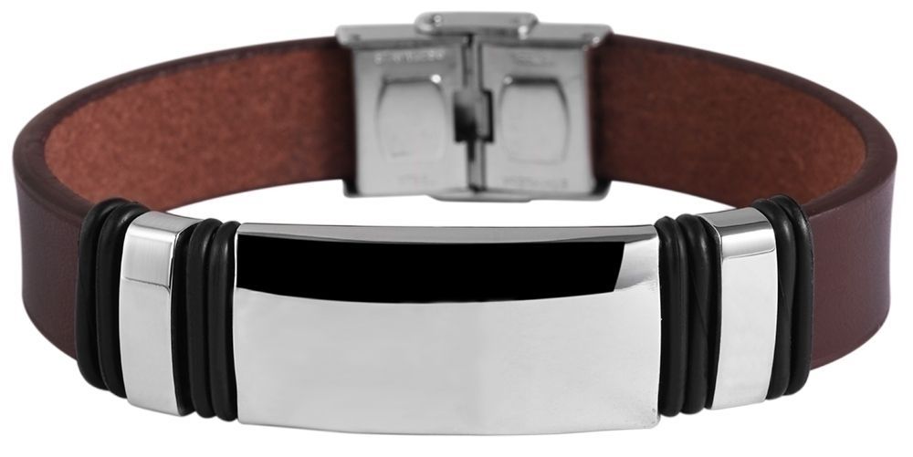 "Arto" echt lederen armband met graveerplaatje, 21cm, donkerbruin/zilverkleurig