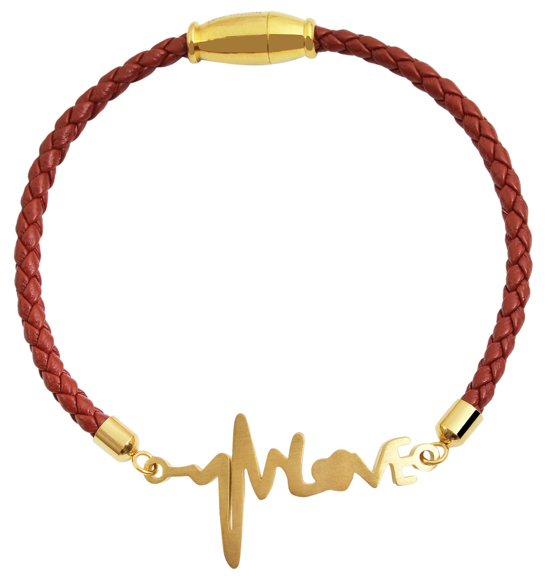 Accent armband in imitatieleer met roestvrij stalen element hartslag symbool, rood/goudkleurig