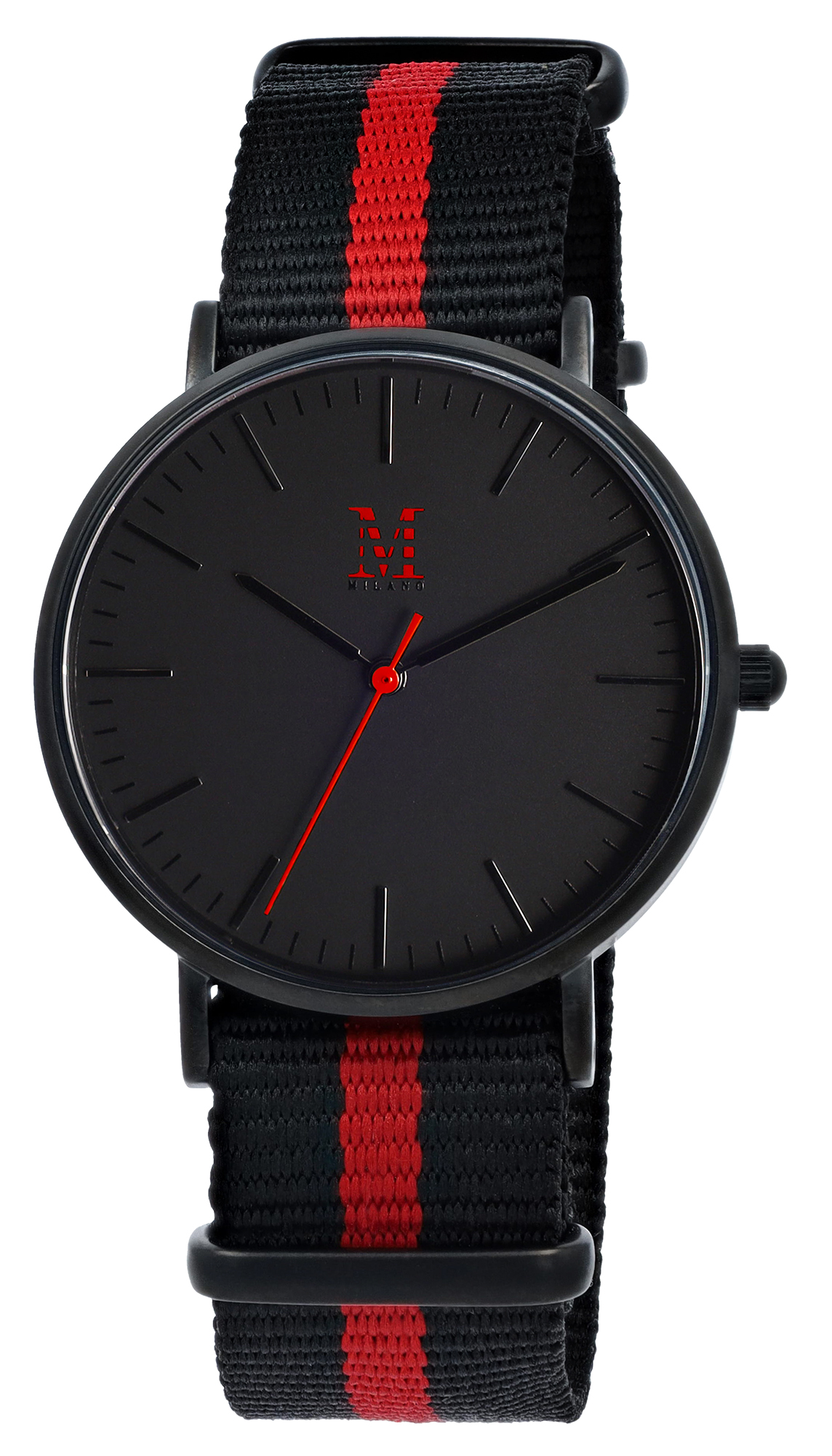 Moderno Milano Edelstahl Damenuhr 36,5 mm, Saphirglas & Nylon-NATO-Band (Schwarz-Rot), schwarz