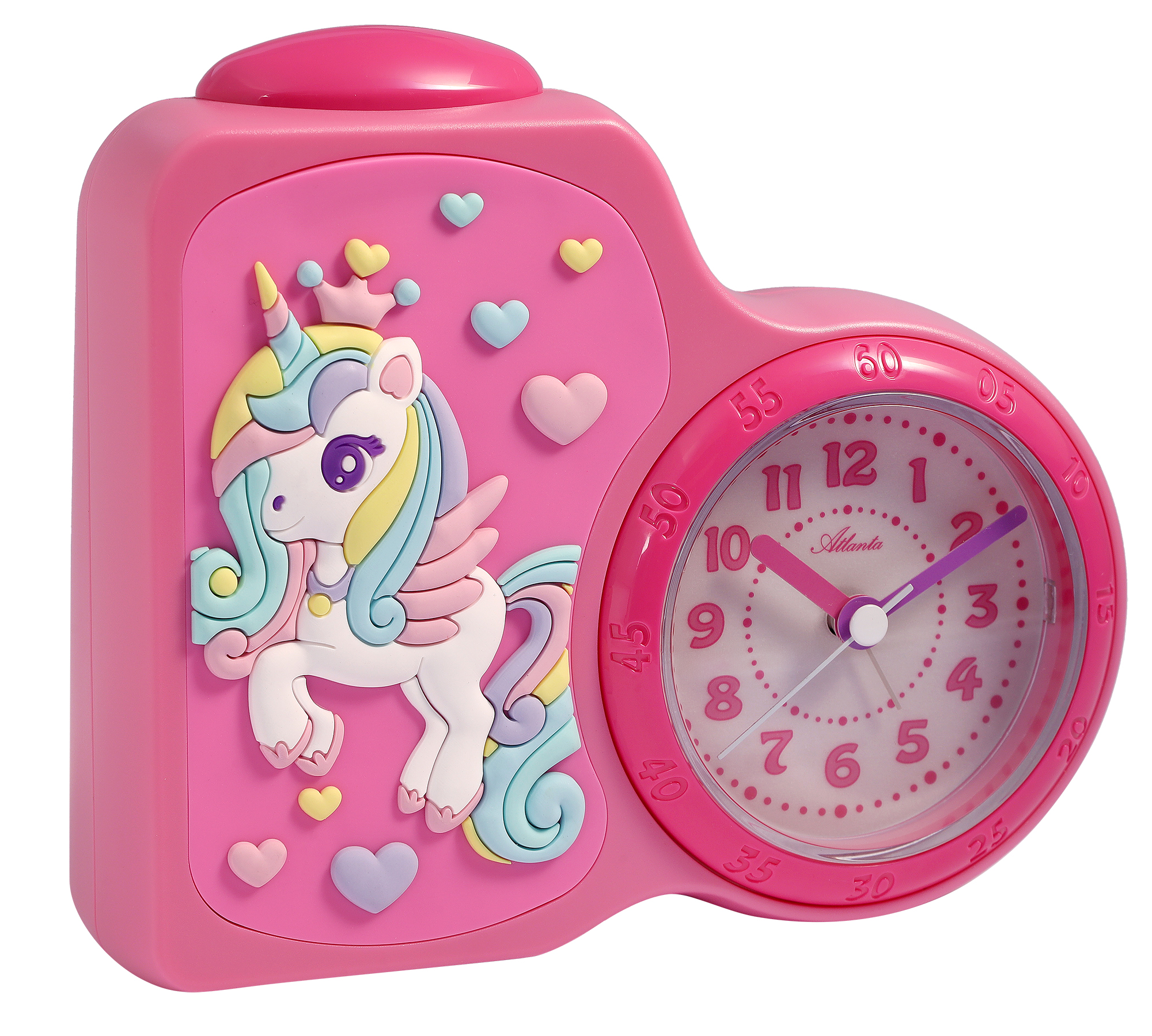 Atlanta Quarz-Wecker für Kinder (Leisegang/ Licht/ Snooze), 3D Rubber Patch pink/ Einhorn