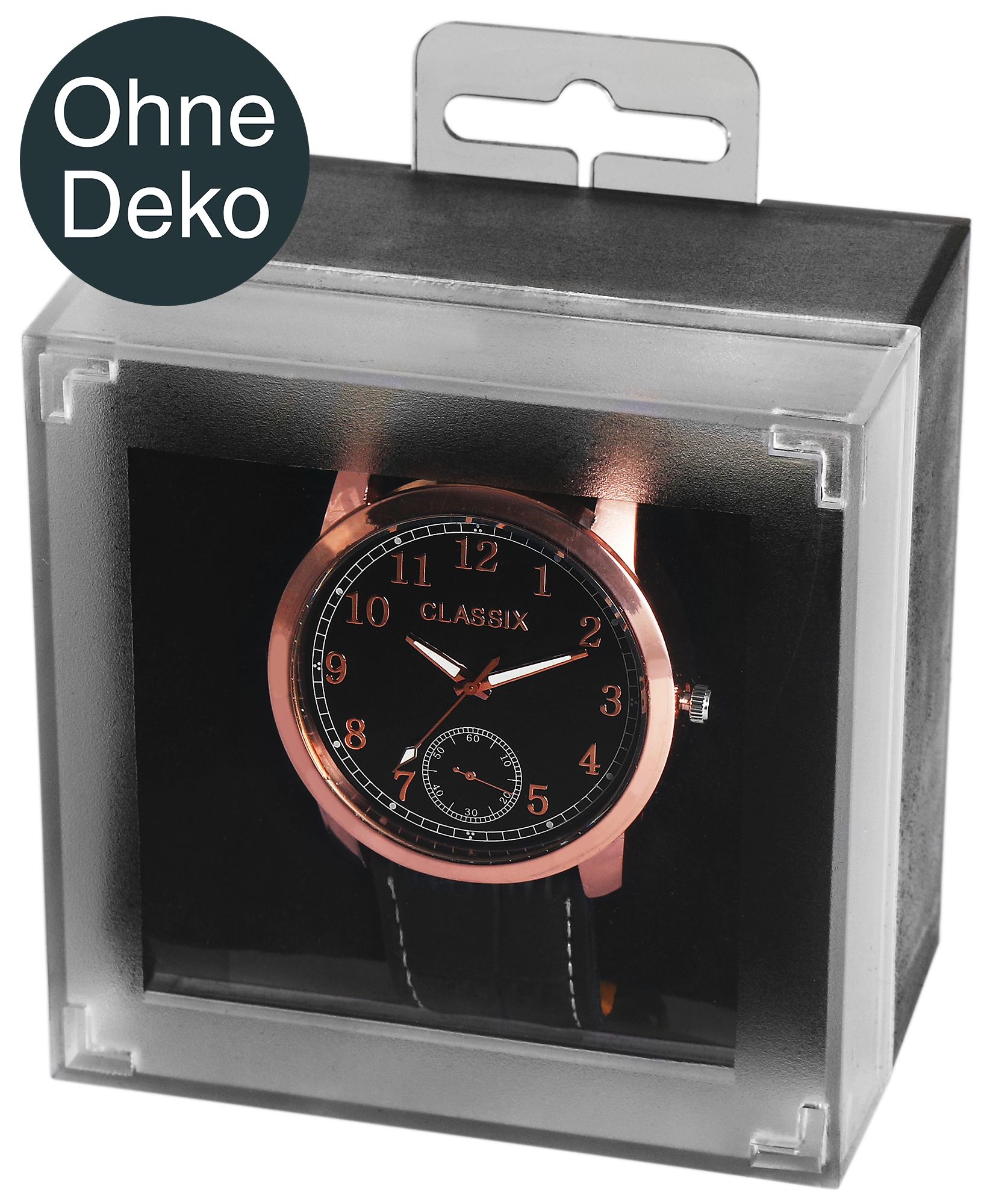 Uhrenbox aus Kunststoff, schwarz/transparent, aufhängbar, 88 x 88 x 61 mm