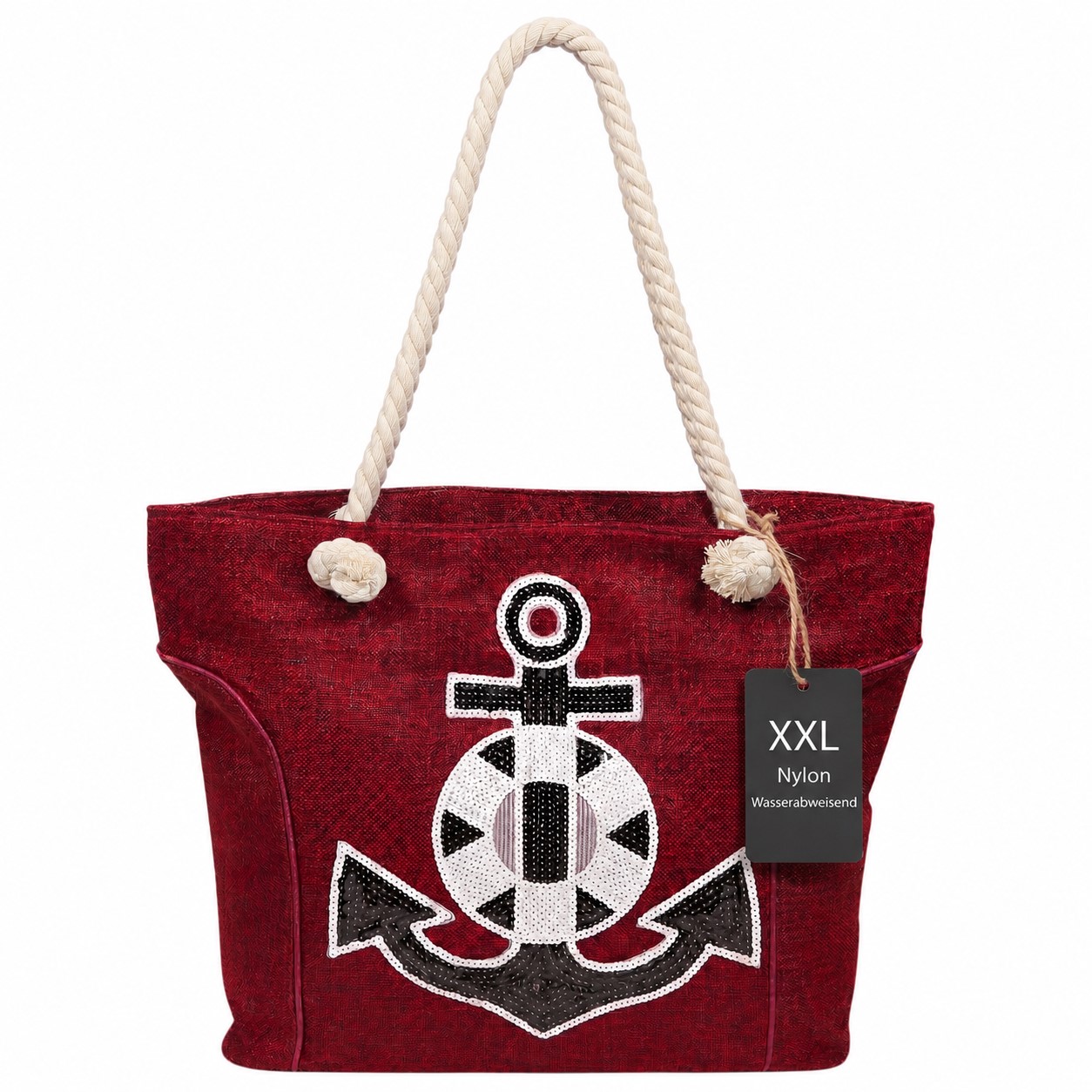Strandtasche aus Nylon, Ankermotiv aus Pailletten, rot