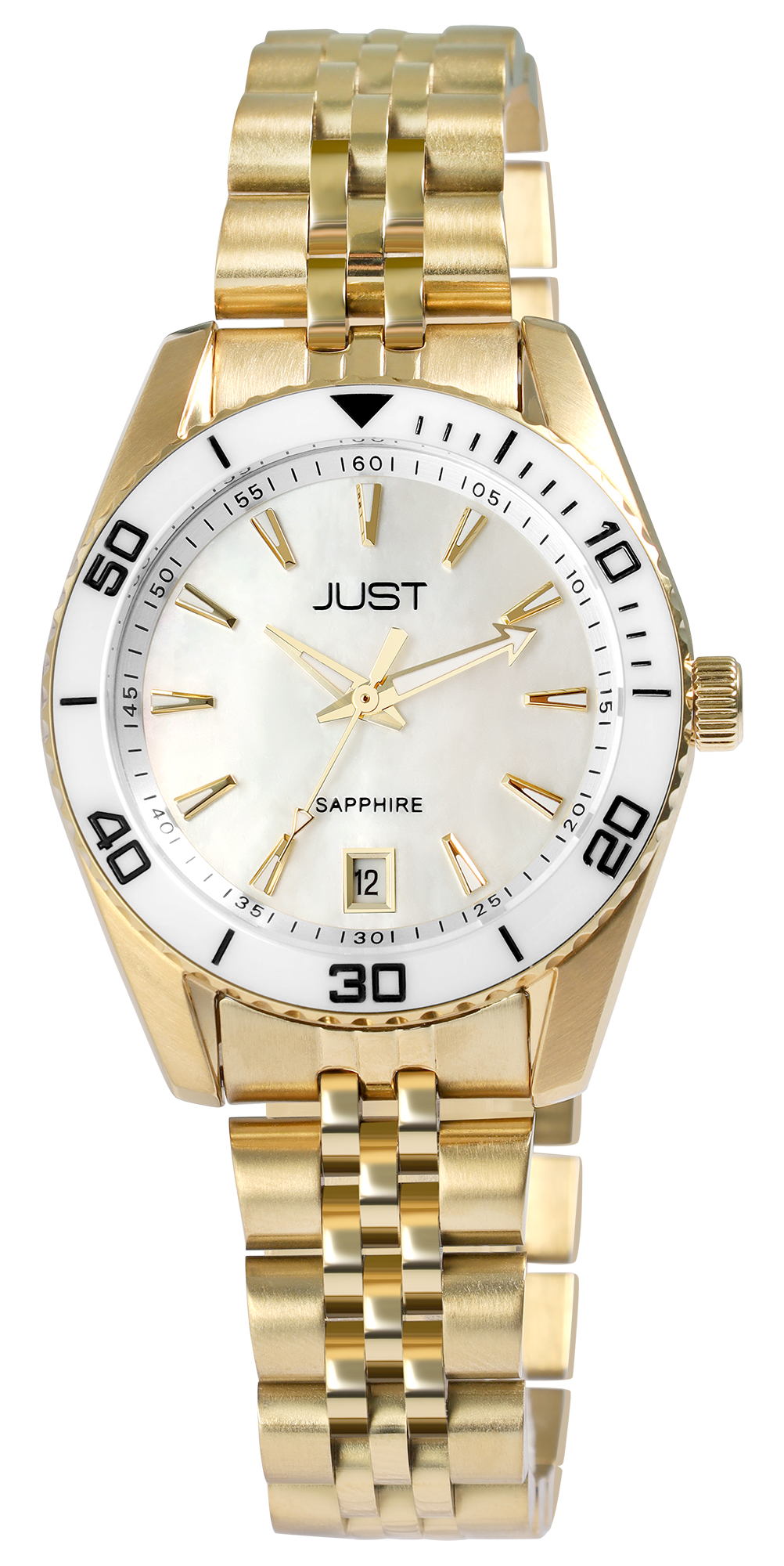 JUST  Damenuhr "Levana" mit Edelstahlarmband, 5ATM, goldfarbig + perlmutt mit weißer Lünette