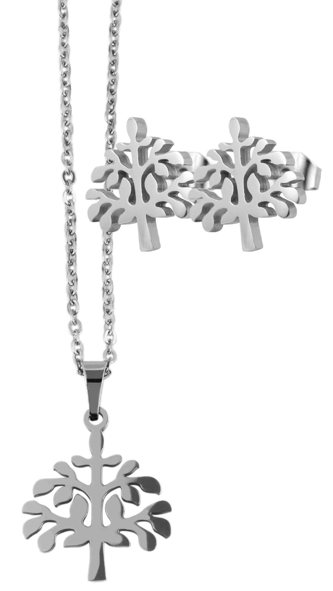 Akzent Edelstahlschmuckset (Kette  mit Anhänger & Ohrringe), Lebensbaum, silberfarbig
