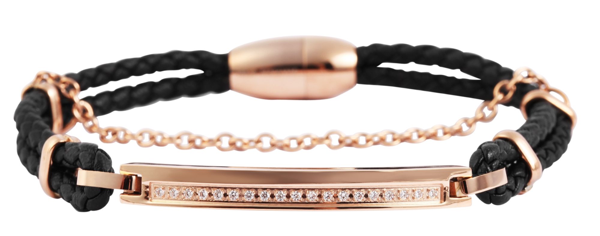 Accent echt lederen band met roestvrij stalen element en Similib sierrand, zwart/rosegoudkleurig