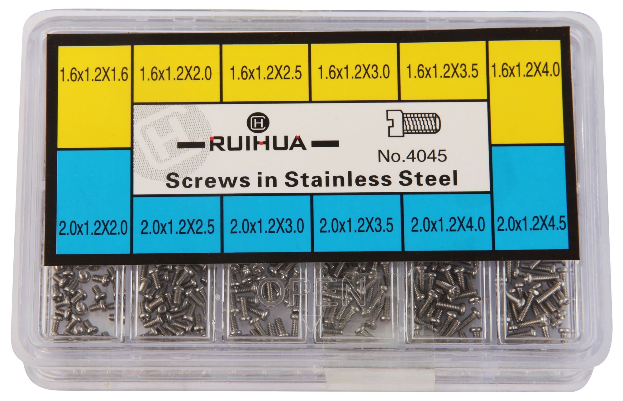 Edelstahlschraubensortiment in 12 verschiedenen Größen, 1,2 mm Gewindestärke, 1,6 mm - 4,5 mm Länge