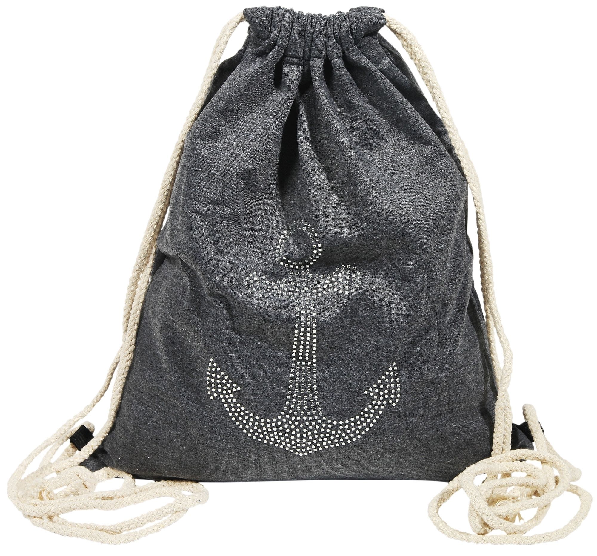 Turnbeutel aus Textil, Anker mit Strass, grau