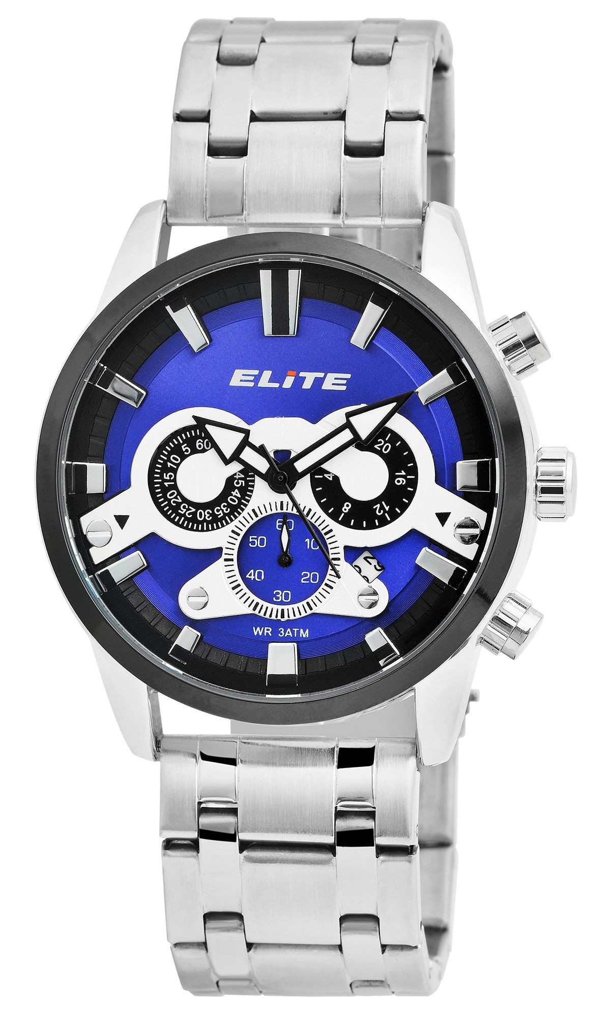 Elite Herren Chronograph mit Metallband, 3ATM, silberfarbig/ Blau